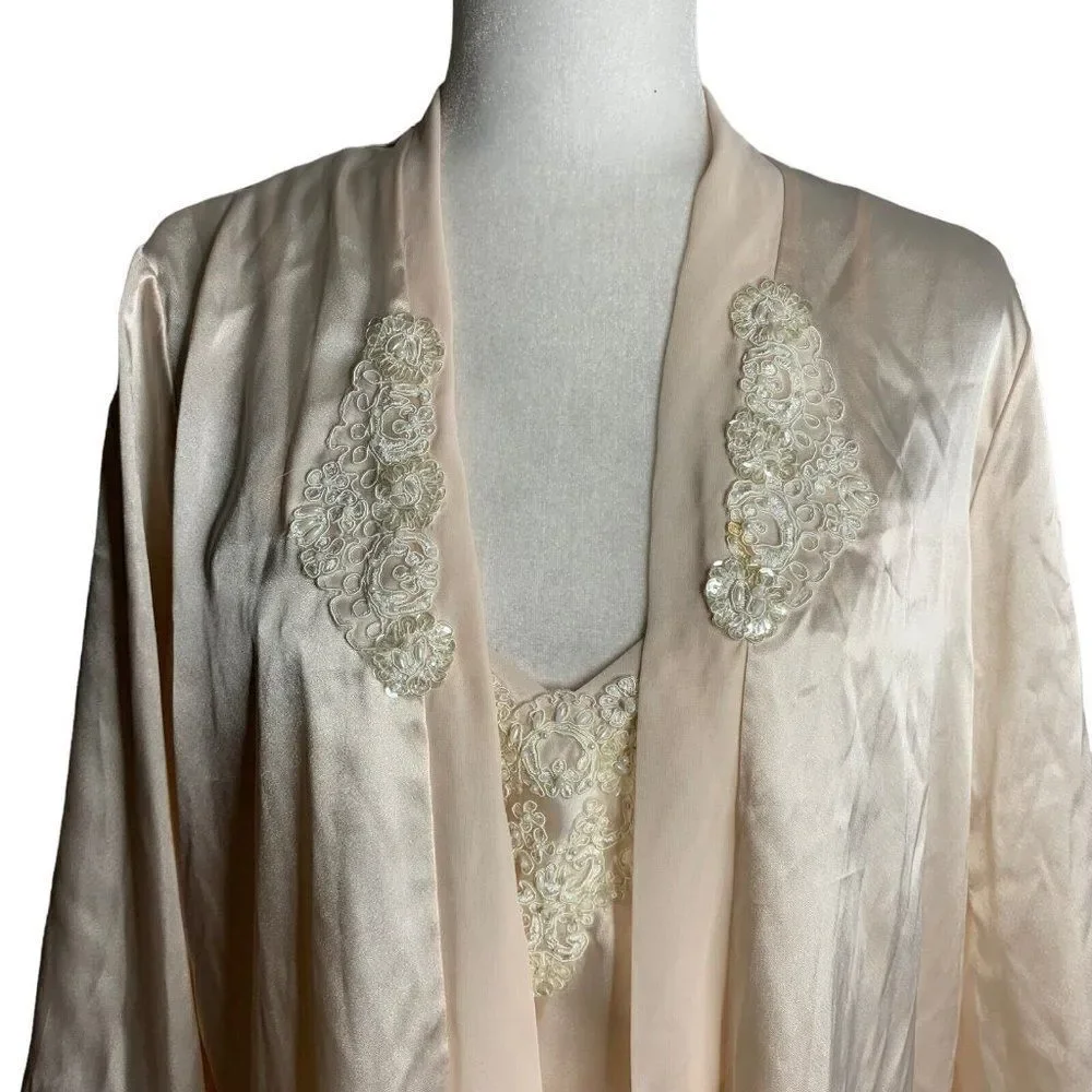 Vintage Beaded Satin Peignoir Set M Pink Half Robe Sweetheart Adjustable Straps